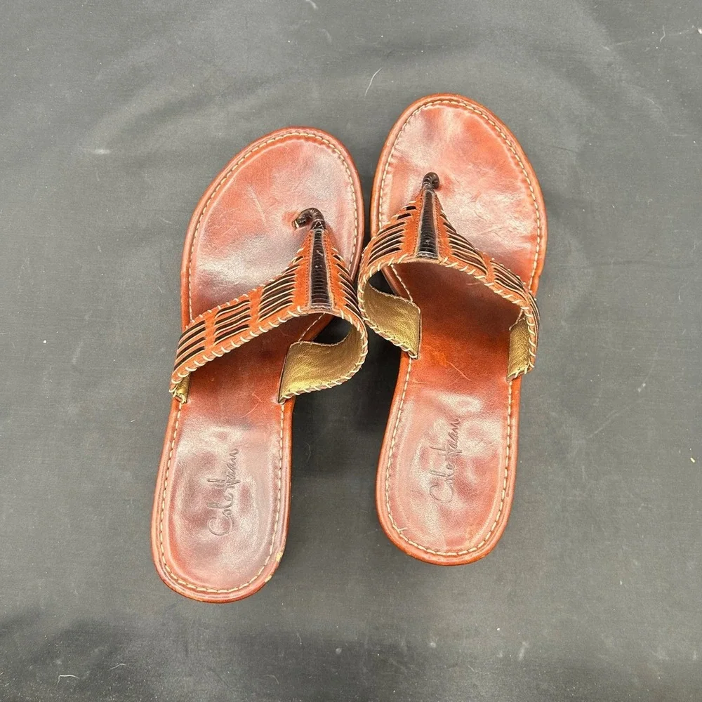 Cole Haan NikeAir Brown Leather Wedge Sandals Whipstitch Thong Platform 8B